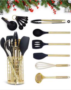 China Black &amp; Gold Kitchen Utensils With Metal Gold Utensil Holder 17PC Gold Cooking Utensils Set Includes Black &amp; Gold Measur factory