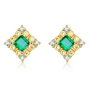 18K Yellow Gold Natural Emeral Inlay Diamonds Stud Earrings