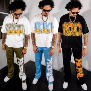 Screen Print Tshirt Logo Jogger Straight Leg Distressed Embroidery Stacked