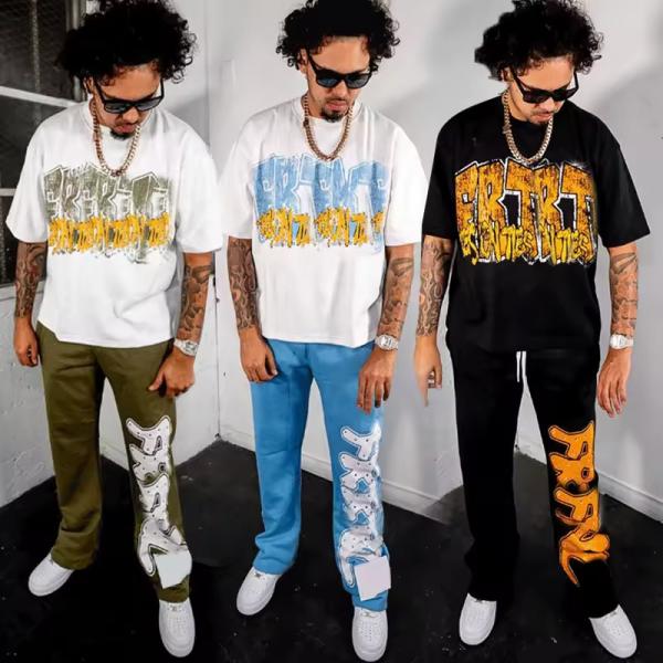 Screen Print Tshirt Logo Jogger Straight Leg Distressed Embroidery Stacked