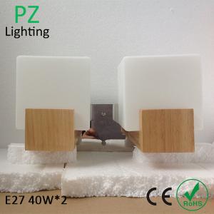 China Two heads Natrual wood color Oak wood wall lamp E27 socket with white glass shade CE/ROHS factory