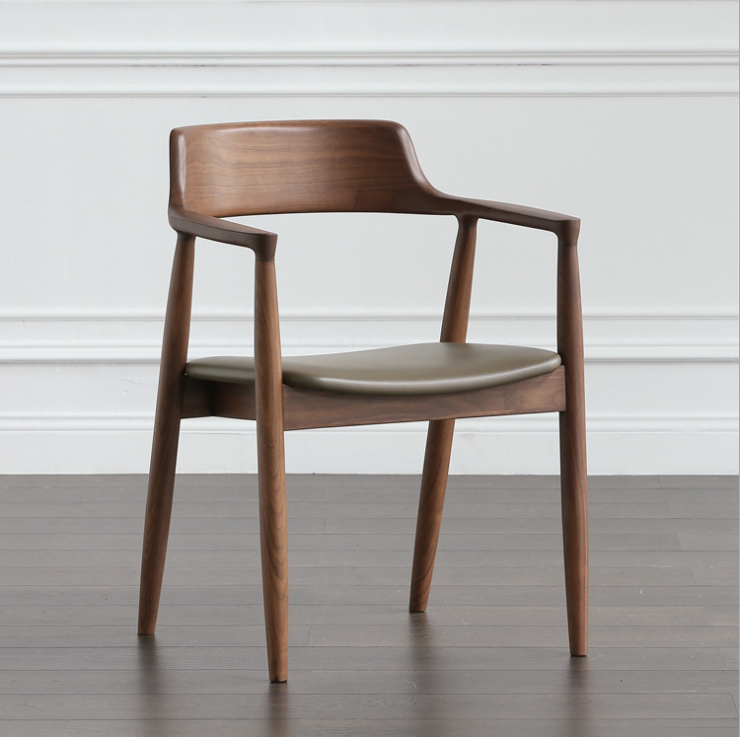 Dining Room and Living Room Contemporary Walnut Colour Wood Armrest Dining Chair with Fabric Leather Seat