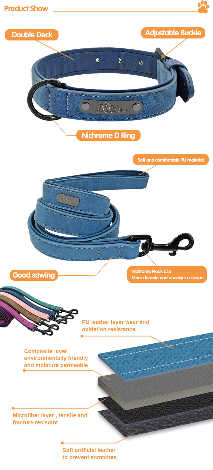 Soft And Sturdy Leather Premium Pet Leash Lead Training And Walking Adjustable Leather Dog Leash With Collar