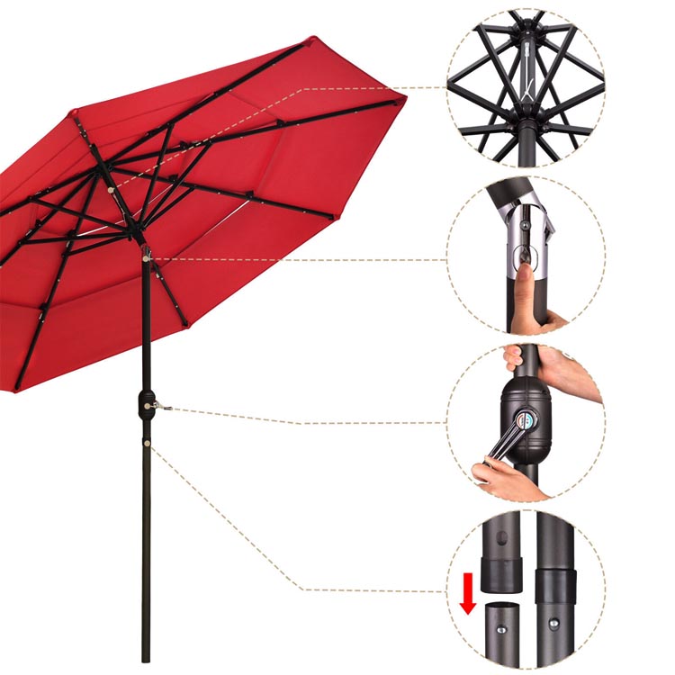 Custom Logo Outdoor Cafe Garden Beach Patio Sun Umbrella with 3 Tiers and LED Lights