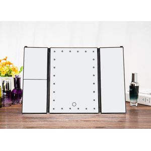 Portable LED Vanity Mirror / Tri Fold Desktop Lighted Mirror Magnification 1x/2x