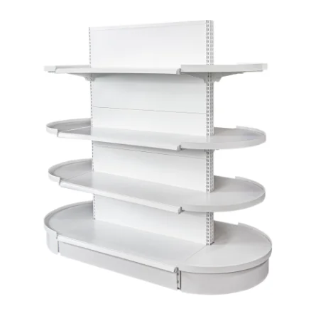 White supermarket shelf with half round end shelf