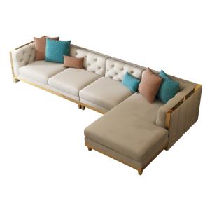 China Beige Tufted Chesterfield Sofa Genuine Leather Sofa Set With Brass Base factory