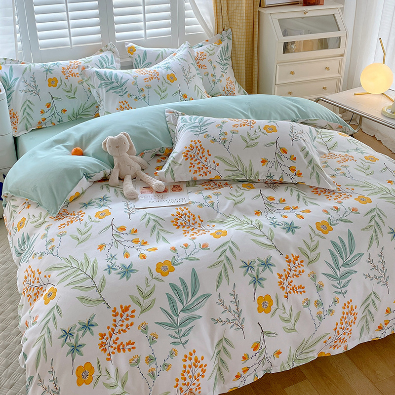 Plant Pattern Cotton Brushed Bedding Set for 2.2m 7 feet Bed Simple Design