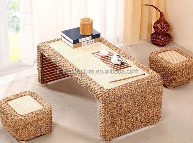 Home Furniture Modern Design Style end Natural Wood Frame Straw Woven Artistic Japanese Style Coffee Table for Living Room