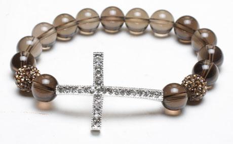 Cross Bracelet, Crystal Pave Argil Beads, Smoky Quartz Rounds