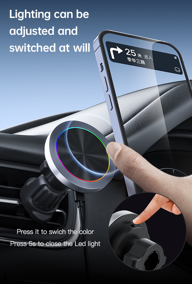 Ultra Small Diameter Magnetic Wireless Car Phone Holder With One Hand Operation And Fast Charging RGB Light Effect