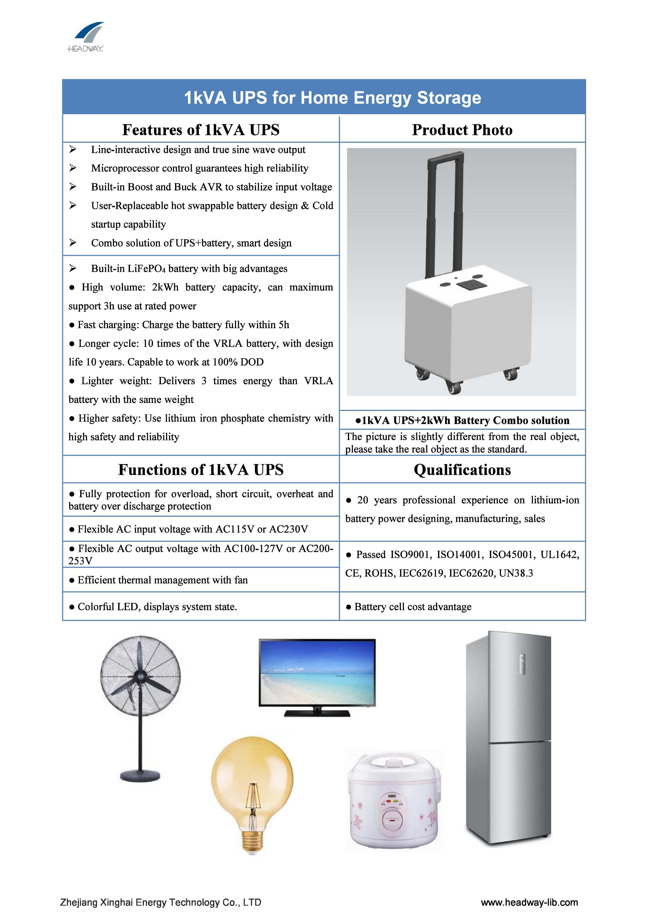 Headway 1KVA UPS Pure Sine Wave 1KVA UPS + 2KWh Lithium-ion Battery UPS