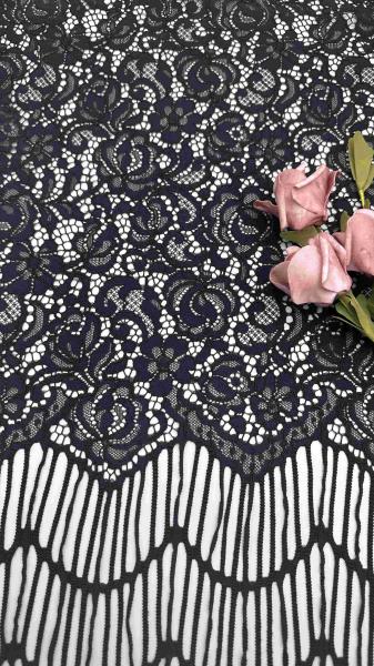 Long Fringes Flowers Pattern Black Color High Quality Full Width Corded Lace