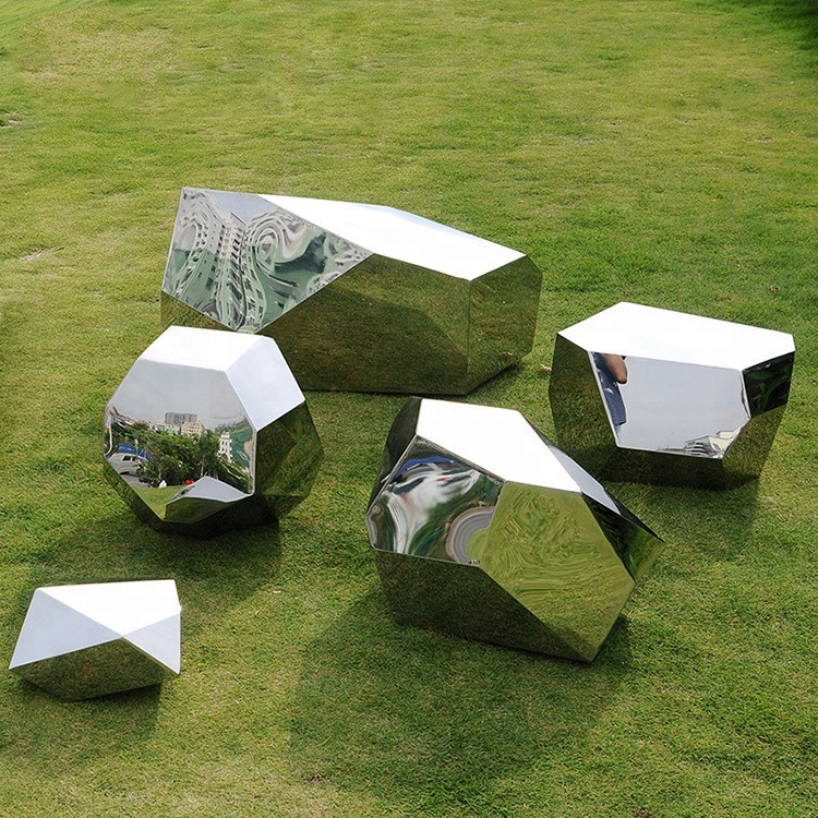 Garden Art Mirror Polished Geometric Stone Stainless Steel Sculpture