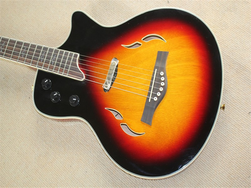 Wholsale Factory custom 21frets classic semi-hollow tobacco sunburst folk acoustic guitar with bird inlay