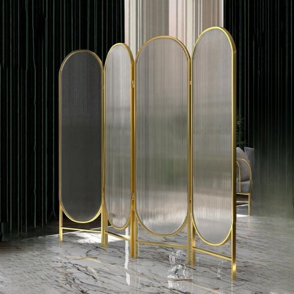 China Collapsible Rotatable 3 Panel Metal Room Divider With Art Glass factory