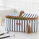 Personalized White and Navy Blue Stripe Train Case Cosmetic Bag