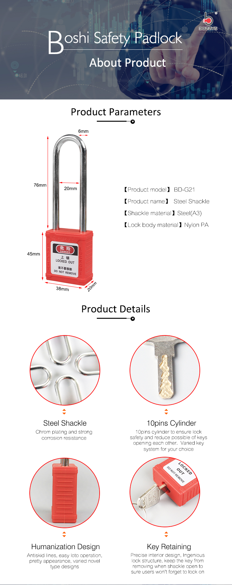 76MM Steel Shackle Safety Lockout Padlocks ISO9001 Certification For Industrial Safety
