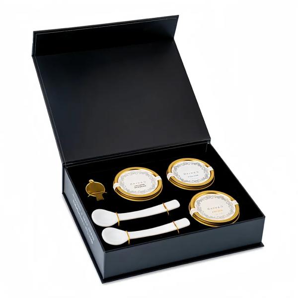 Luxury Fancy Black Magnetic Rigid Paper Packaging Caviar Gift Box With Custom Printing