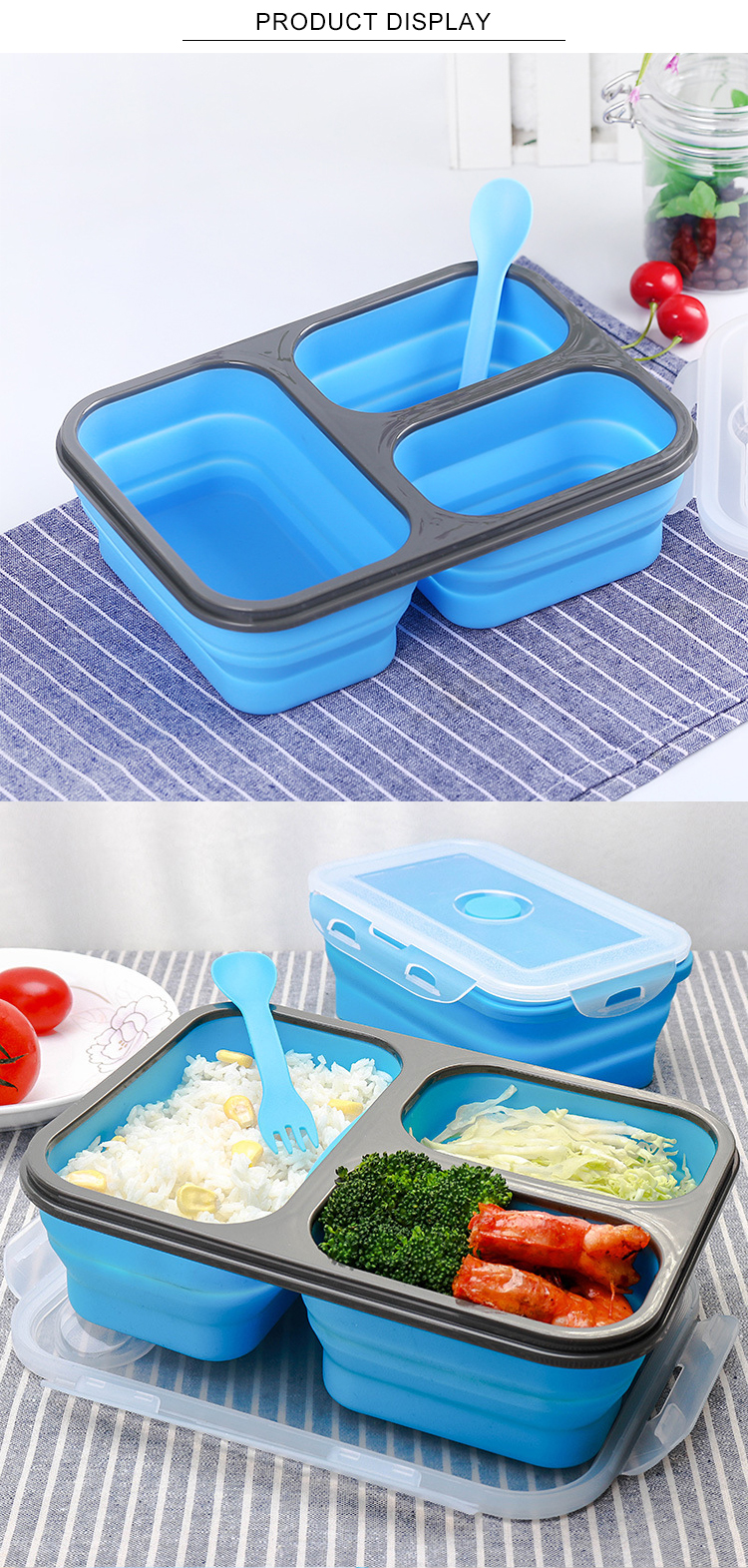 Rectangle 460g 3 Compartments Silicone Folding Lunch Box