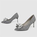 ZM035 9871-2 Plaid New Pointed Bowknot Diamond Ladies High-Heeled Shoes