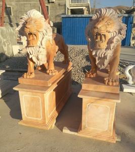 China Garden decoration Stone walking lions pink marble animal sculpture,stone carving supplier factory