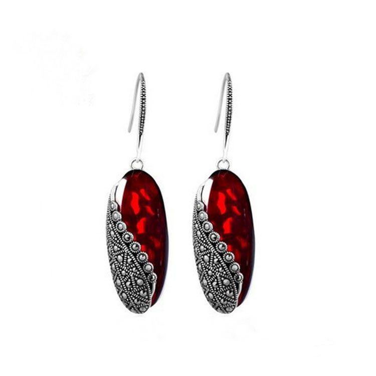 Thai Sterling Silver Created Garnet Marcasite Dangle Drop Earring(E12287RED)