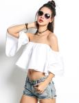 Ladies Tops Latest Design Women Off Shoulder Flare Sleeve Ruffles Solid Crop