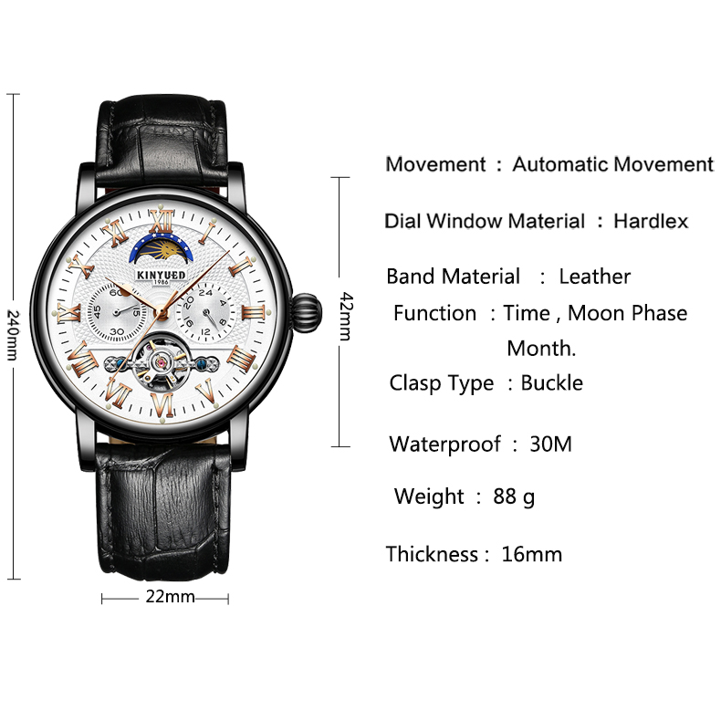 Black Leather Luxury Mechanical Watches White Dial Automatic Movement