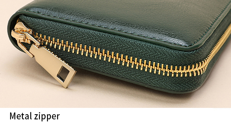 Double Zipper Design Men's Genuine Leather Long Wallet Luxury Purse with Nylon Lining