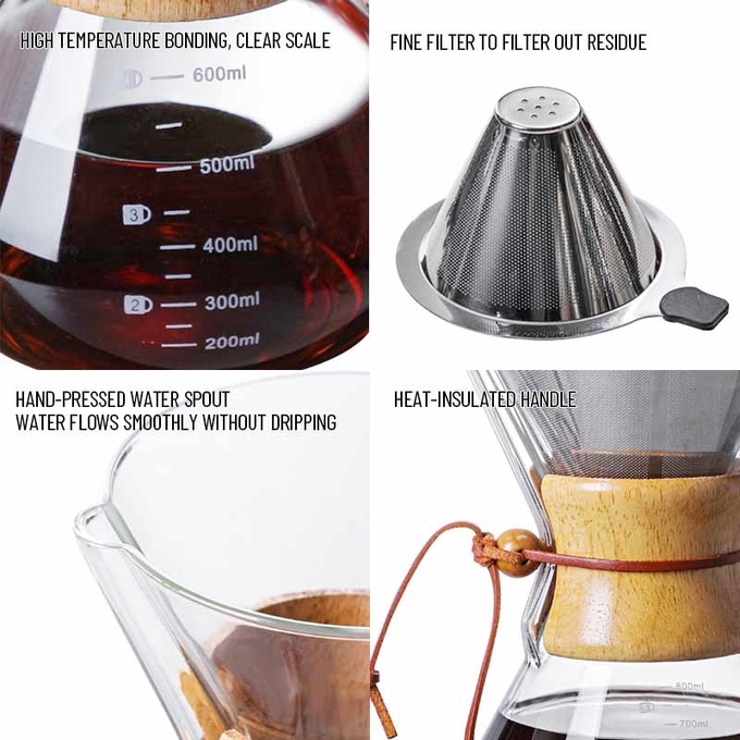 B2B Custom 400ml Glass Pour Over Coffee Brewer|Stainless Steel Filter&Wood Sleeve|Camping Brewing Pot