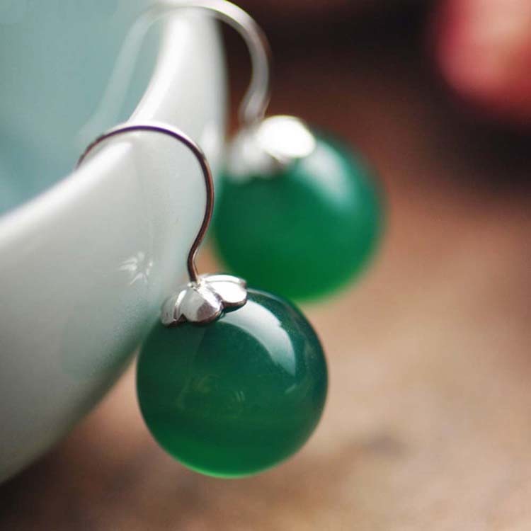 925 Sterling Silver Green Onyx Bead Dangle Earrings(011634GREEN)