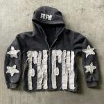 Men 500gsm Cotton Distressed Custom Embroidered Zip Up Hoodies Zip Up Acid Wash