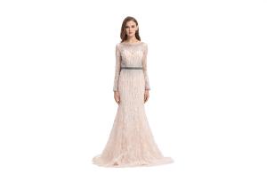 China Skin Color Lace Ladies Ball Gowns Evening Dresses O - Neck With Waistband factory