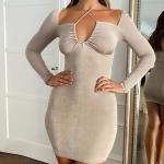 Sexy Long Sleeve Knit Bodycon Dress Chest Drawstring Halter Neck