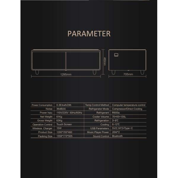 1295*705*460MM Smart Coffee Table with Dual Drawer Refrigerator and Wireless Charging