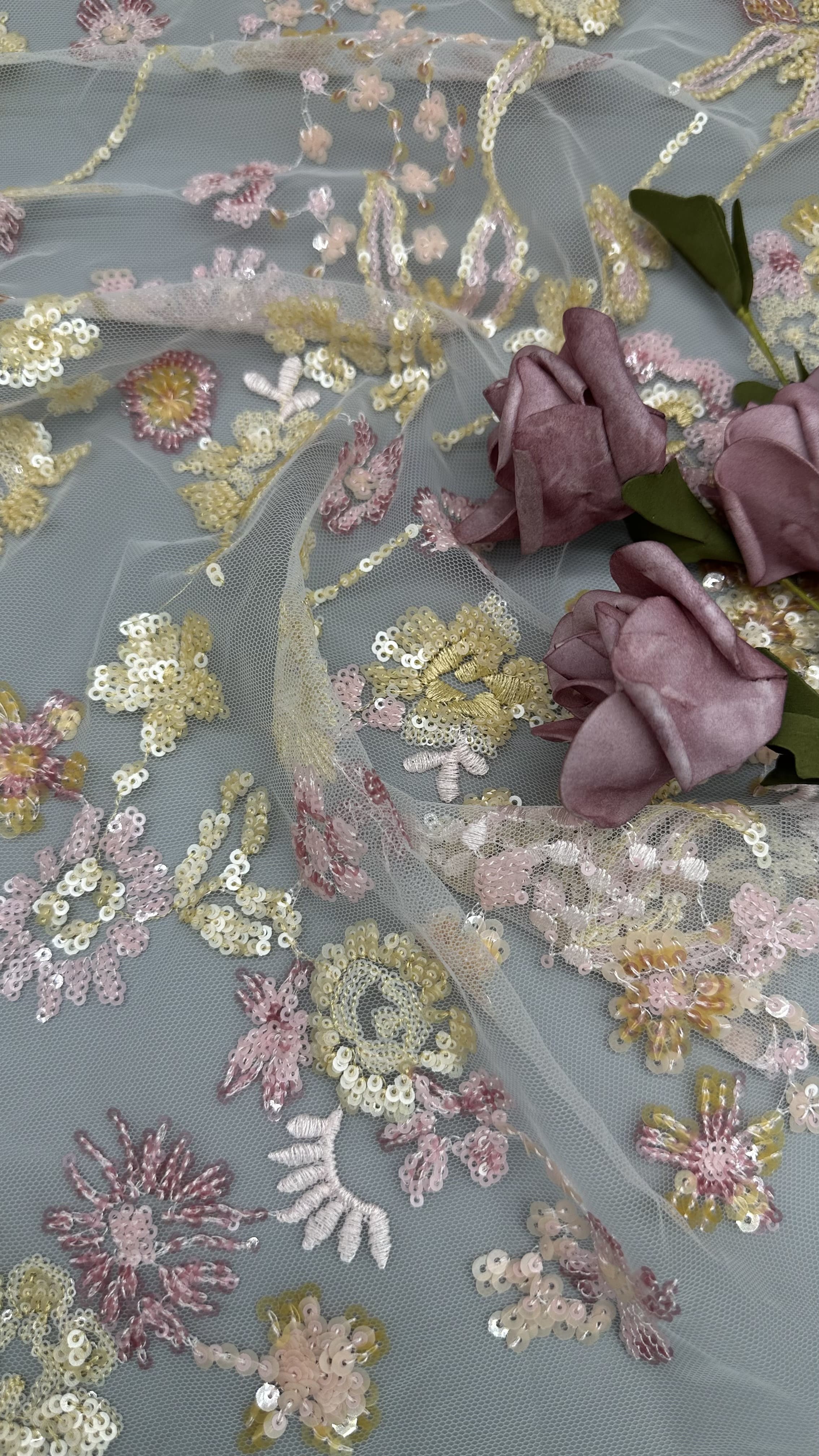 Leafy Lace Sequin Embroidered Fabric 3D Floral Elegant And Breathe Luxury Occasion Fabric
