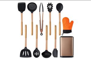China 11pcs Rose Gold Silicone Cooking Utensils Set with Copper Utensil Holder factory