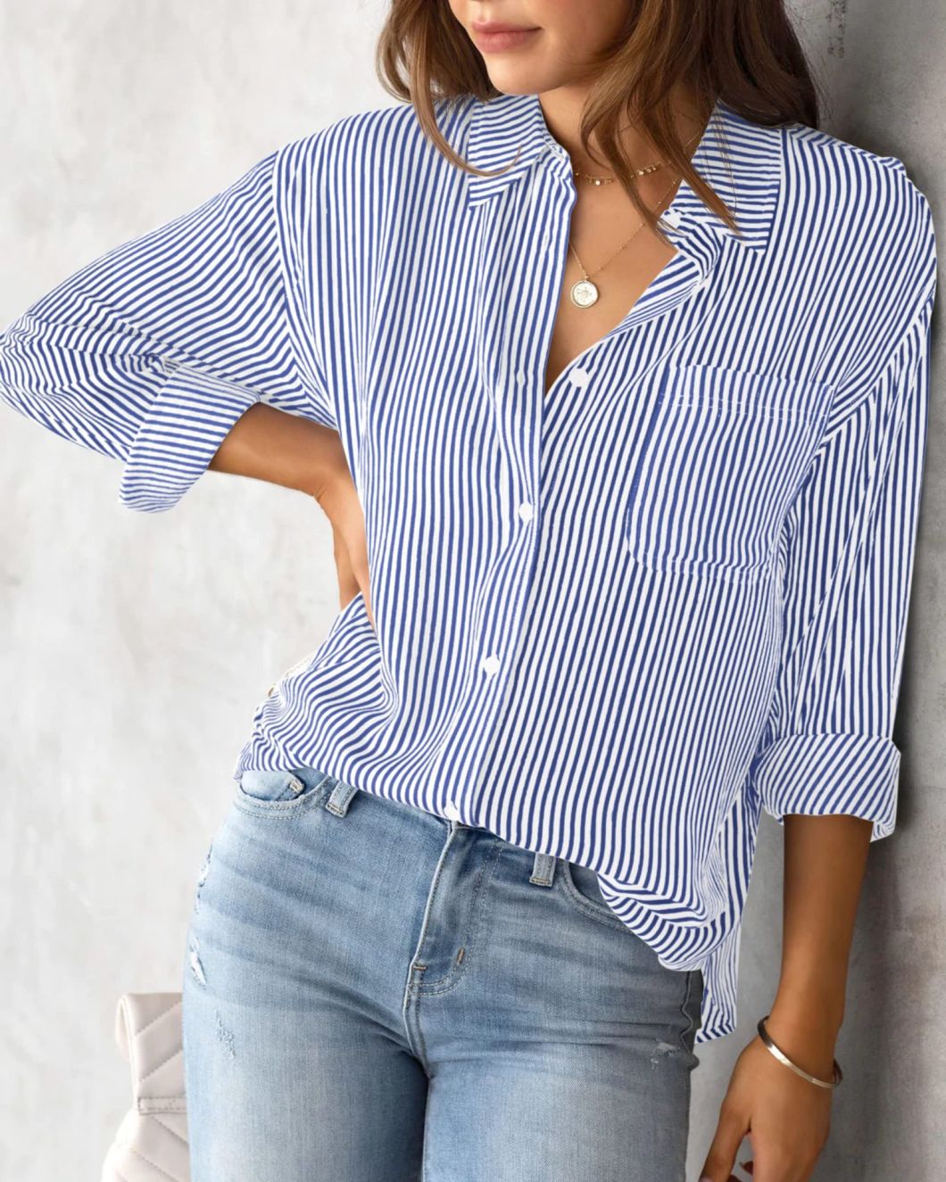 2023 Sale Top Women&prime;s Button-up Shirt Striped Classic Long-Sleeved Office Work Shirt Top