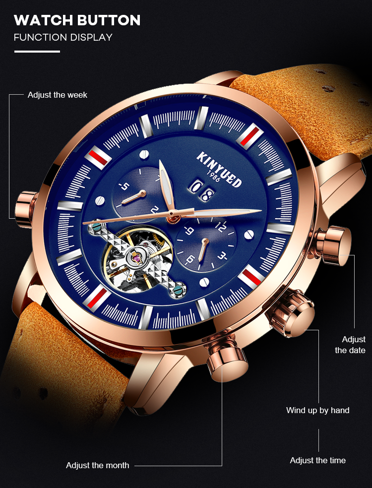 KINYUED J019-1 Gold Case Genuine Leather Auto Date Skeleton Tourbillon Automatic Mechanical Wristwatches