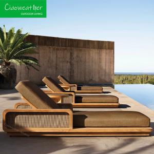 China Hotel Function Patio Garden Outdoor Furniture Weathered Solid Wood Daybed Lounge Chaise with Waterproof Cushions factory