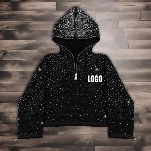China Streetwear custom 380 500gsm men's french terry fleece all over print rhinestone boxy cropped full face half zip up hoodie men factory