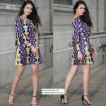 flower and phoenix patterns printed women fashion short dress with puff sleeve