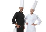 Men Polyester Fabric Kitchen Staff Uniforms Rollable Cuffs Black And White With
