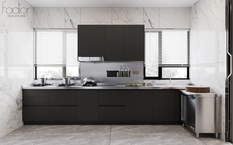 Modern Stainless Steel Double-Line Kitchen Cabinet With Integrated Appliances And Multiple Storage Solution