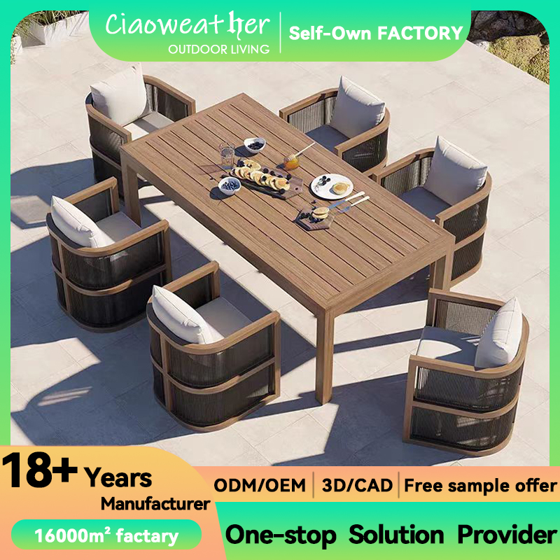 Modern Outdoor Teak Wood Furniture Dining Table and Chair Set with Waterproof Upholstery