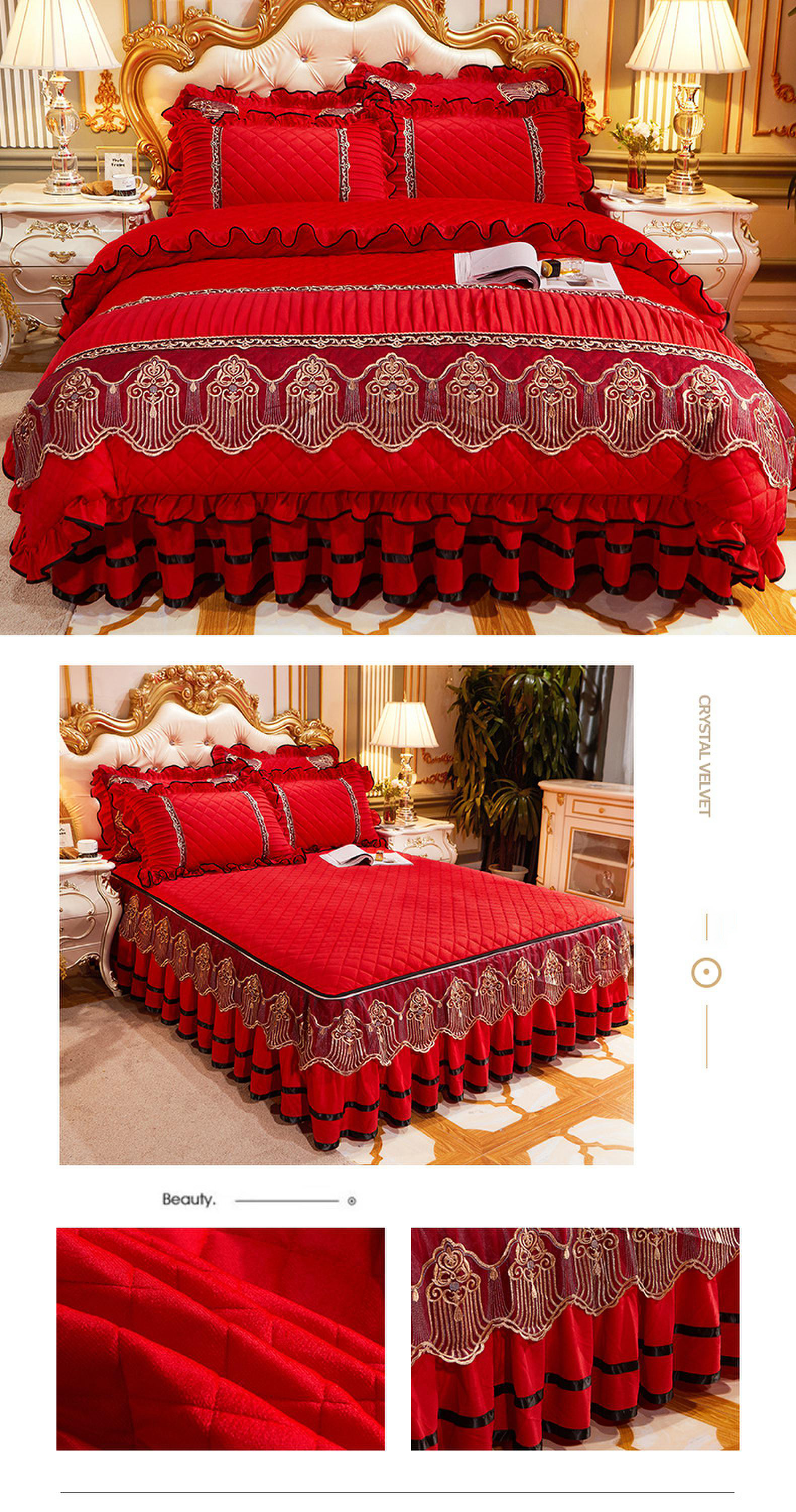 Wedding Four-piece Kit Bedding Set with Easy Care Fade-Free Embroidery Lace Bed Skirt