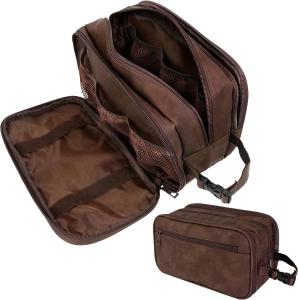 China Dark Brown Water-resistant Dopp Kit PU Leather Shaving Pouch Organizer Travel Bag for Accessories Cosmetic Hygiene factory