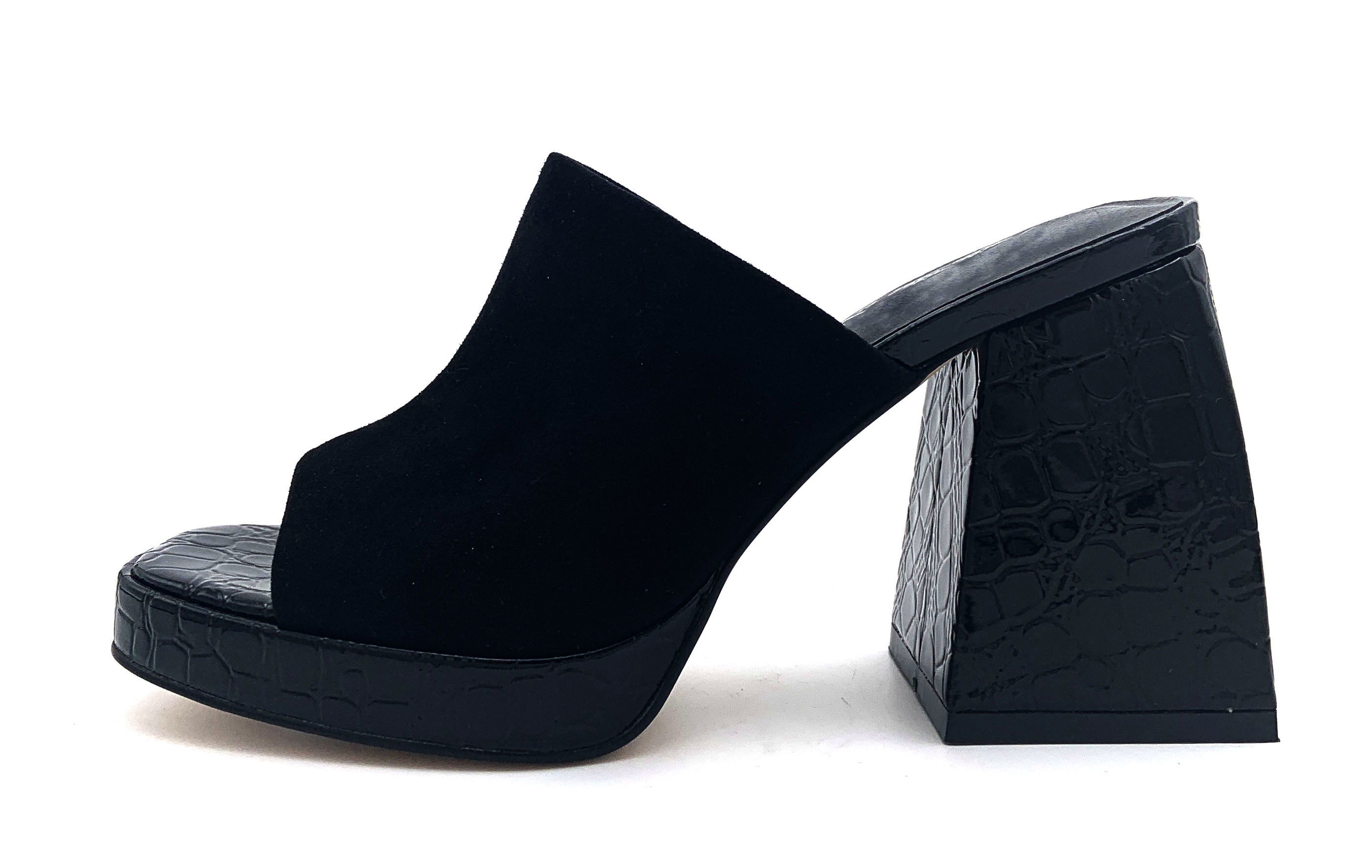 Comfortable Block Heeled Mules in Modest Crocodile Textured Vegan Leather