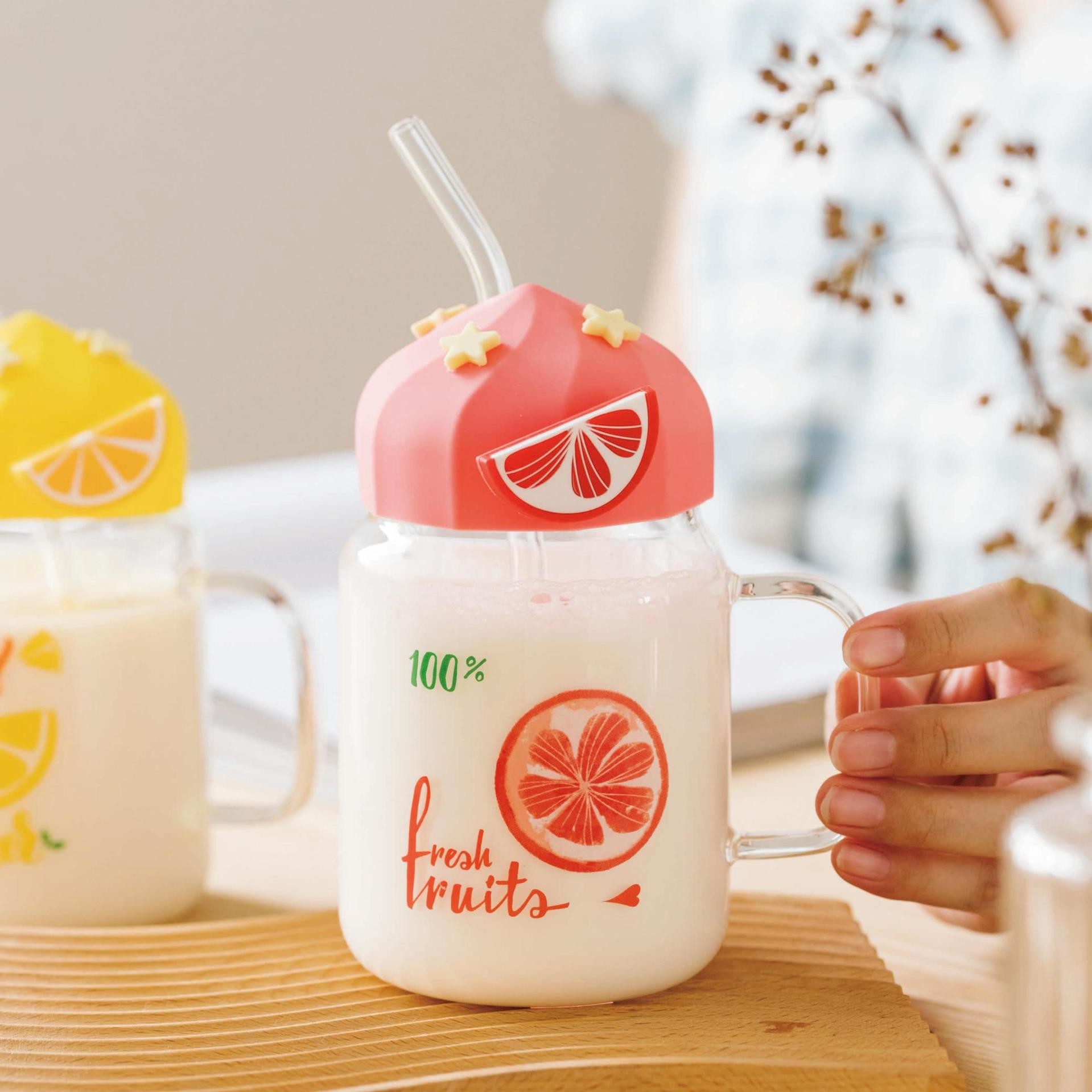 Summer Transparent Fruit High-temperature Glass Cup Cute Large-capacity Covered Straw Student Girls' Milk Breakfast Cup